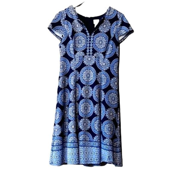 Chico's Women's Size 0 Soft Blue and Navy Aboriginal Circle Midi Dress - Picture 1 of 8